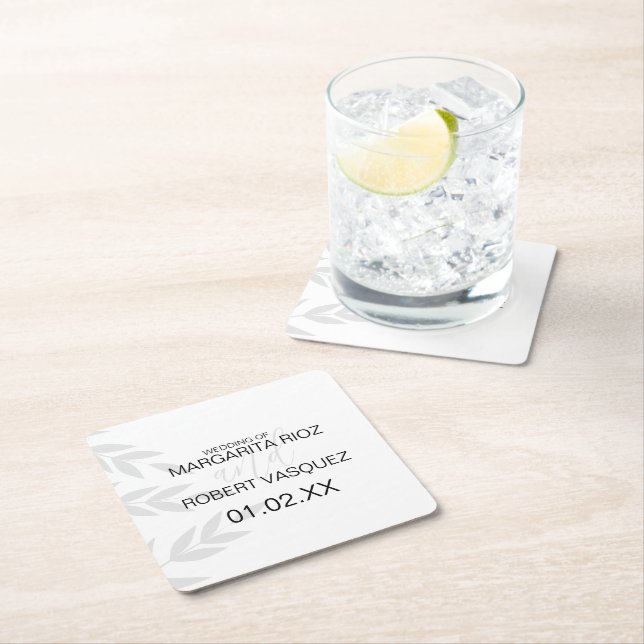 Modern Branch Grey Black White Square Paper Coaster (Insitu)