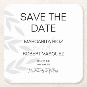 Modern Branch Grey White Script Save the Dates Inv Square Paper Coaster