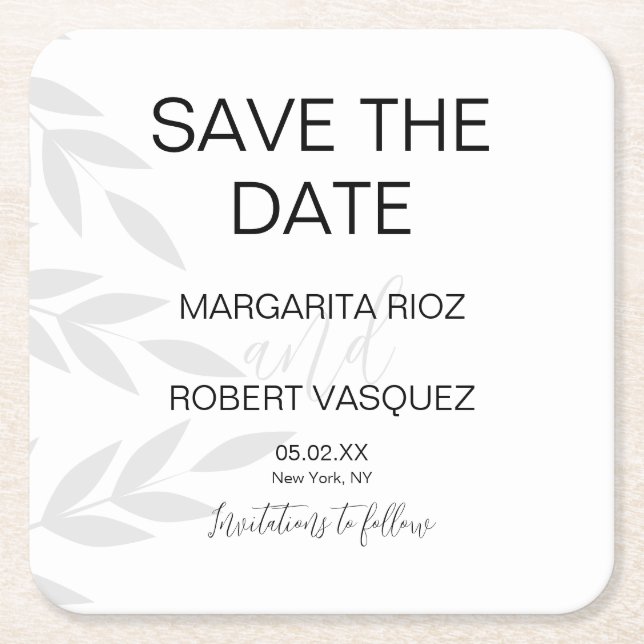 Modern Branch Grey White Script Save the Dates Inv Square Paper Coaster (Front)