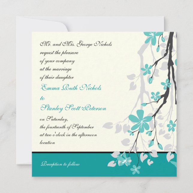 Modern branch turquoise wedding invitation (Front)