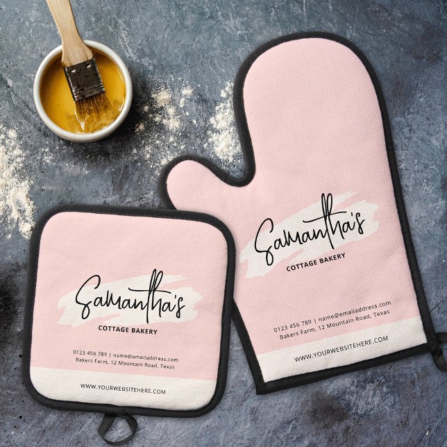 Modern Branded Business Logo Girly Cute Pink Oven Mitt & Pot Holder Set (Fully customizable blush pink cute oven glove and pot holder design with your brand name or logo)
