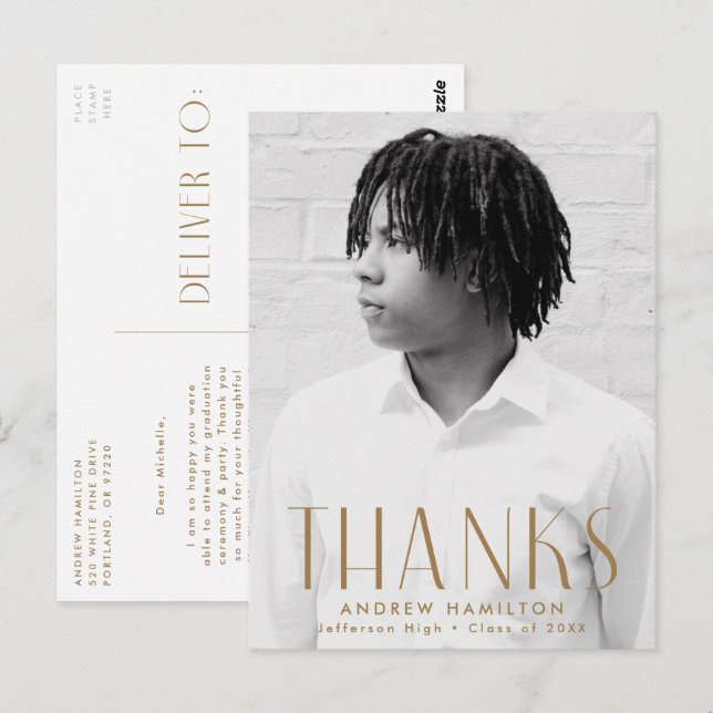 Modern Brass Photo Graduation Thank You Postcard (Front/Back)