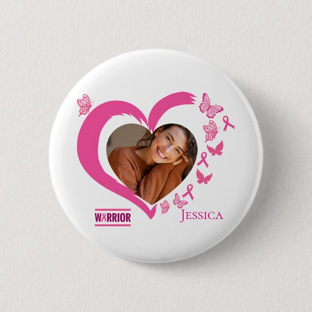 Modern Breast Cancer Custom Heart Photo Name  2 Inch Round Button (Front)