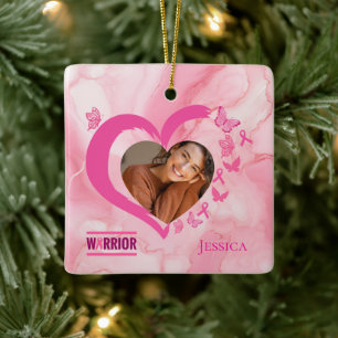 Modern Breast Cancer Custom Heart Photo Name Ceramic Ornament