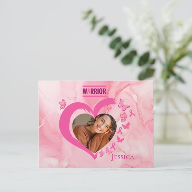 Modern Breast Cancer Custom Heart Photo Name  Postcard (Standing Front)