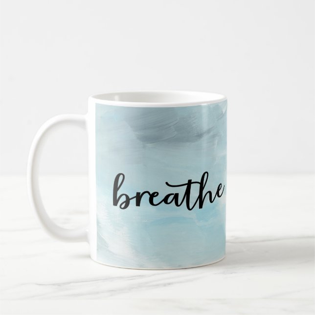 Modern breathe blue typography inspirational coffee mug (Left)