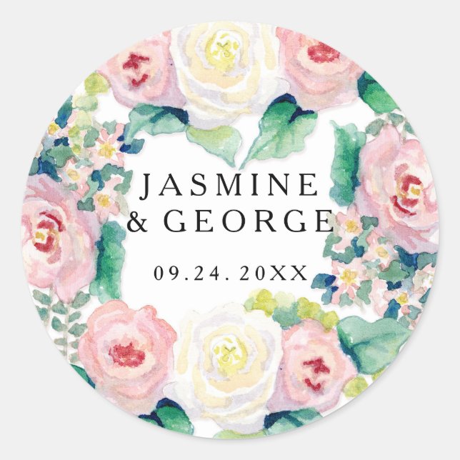 MODERN Bridal Shower Chic Wide Stripes w Roses Classic Round Sticker (Front)