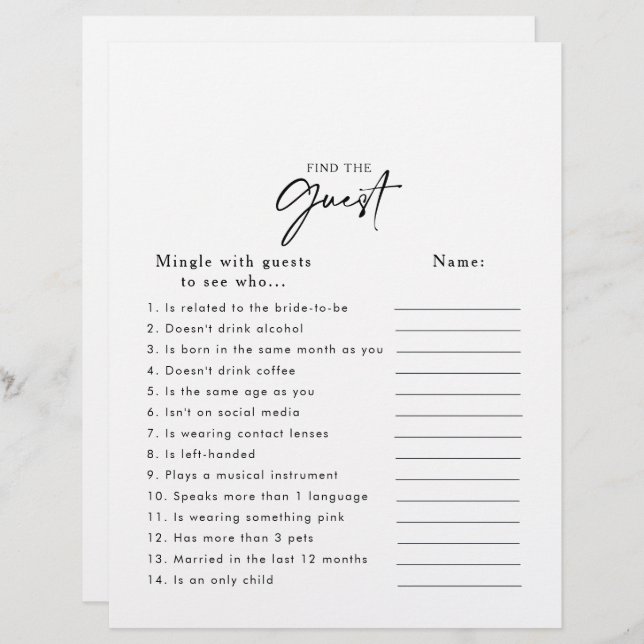 Modern Bridal Shower Find the Guest Game (Front/Back)