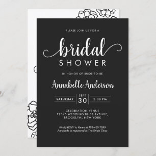 Modern Bridal Shower Script Floral Classic Black Invitation