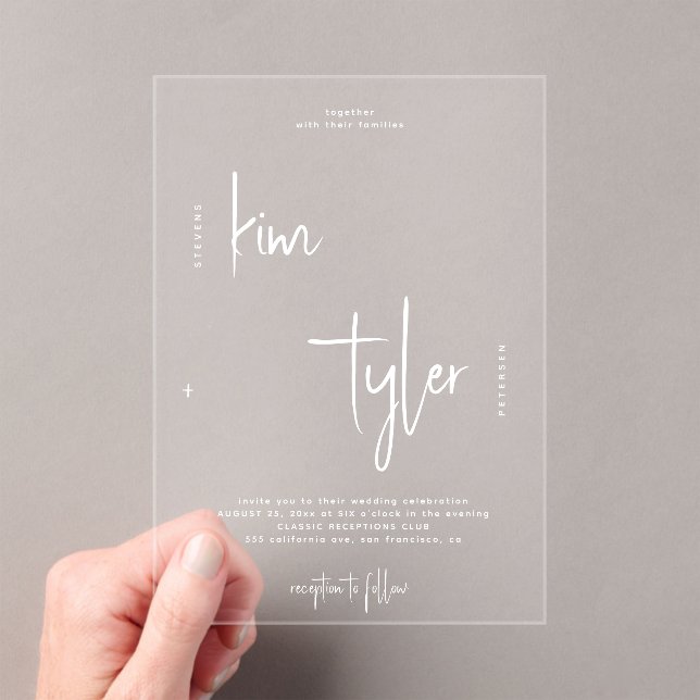 Modern bride and groom script names wedding acrylic invitations (Insitu (Handheld))
