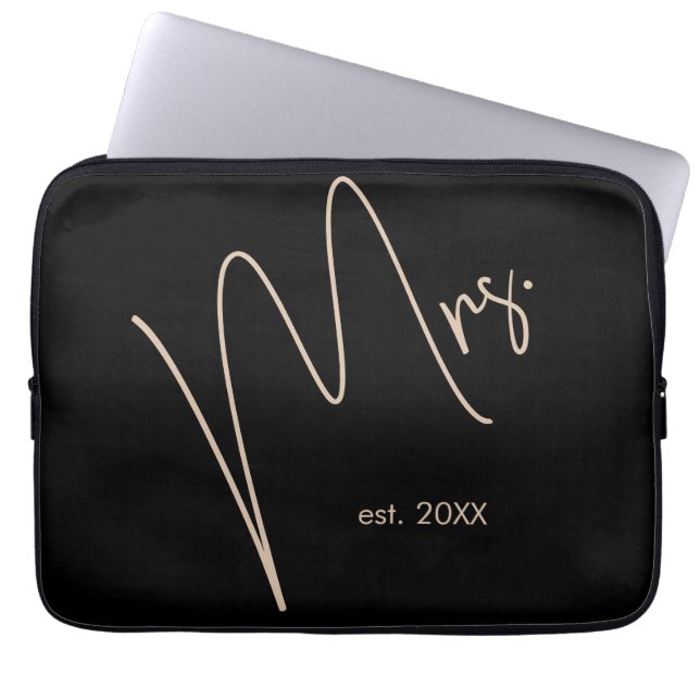 Modern Bride | Beige + Black Script Laptop Sleeve (Front)