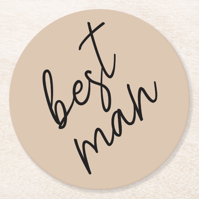 Modern Bride | Beige + Black Script Round Paper Coaster (Front)