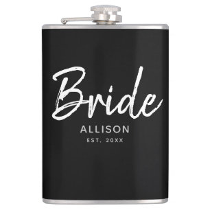 Modern Bride Black White Script Personalized Name Hip Flask