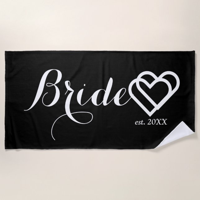 Modern Bride Customized Date Black White Hearts Beach Towel (Front)
