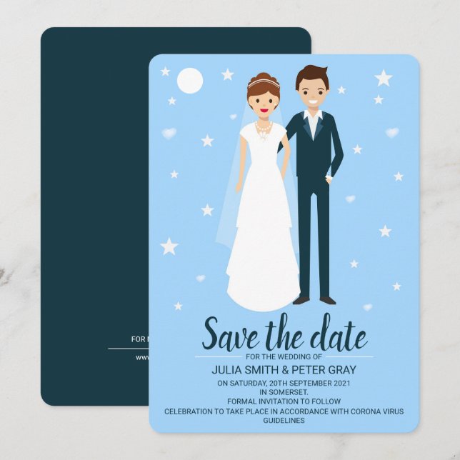 Modern Bride & Groom Cartoon Save The Date Invitation (Front/Back)