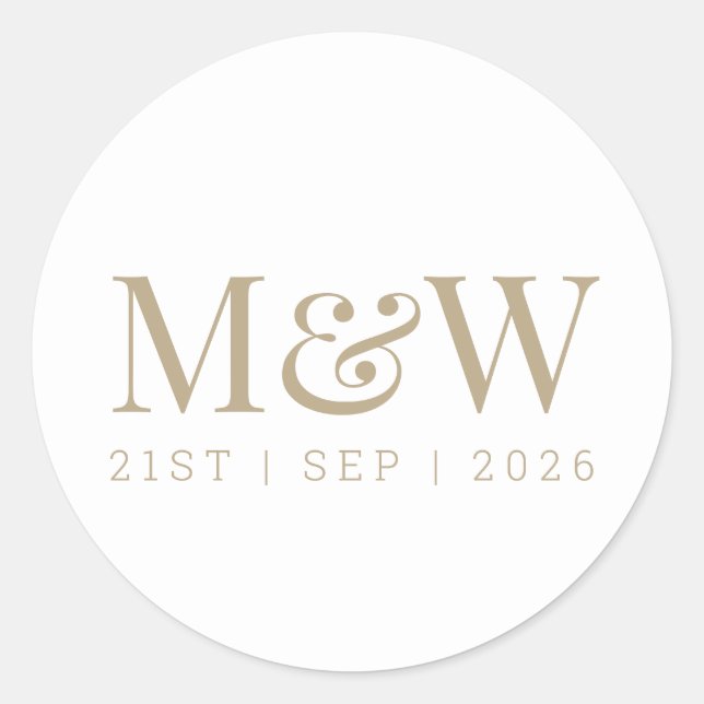 Modern Bride Groom Gold Monogram White Classic Round Sticker (Front)