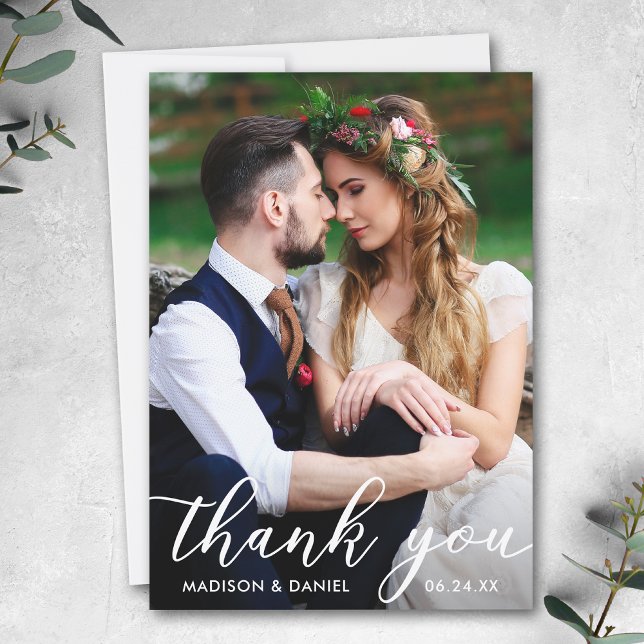Modern Bride Groom Wedding Photo | Thank You Card (Customize to add text or more photos to back of card.)