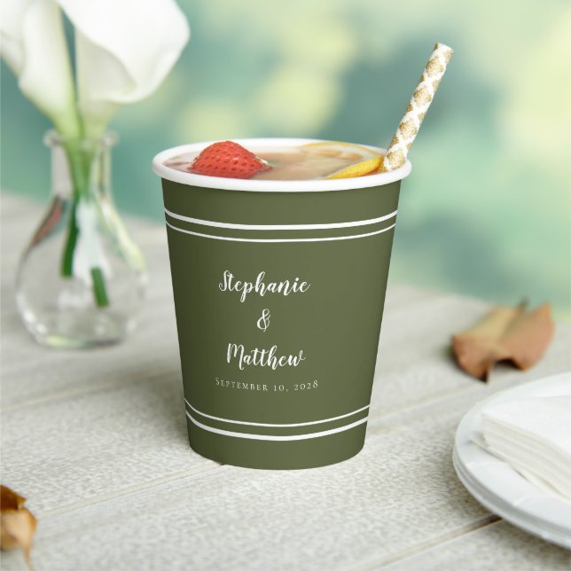 Modern Bride & Groom Wedding Simple Olive Green  P Paper Cups (Insitu)