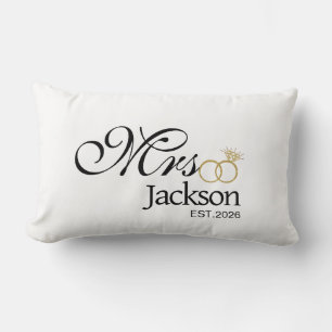 Modern Bride Name Wedding Ring Date Black Text Lumbar Pillow