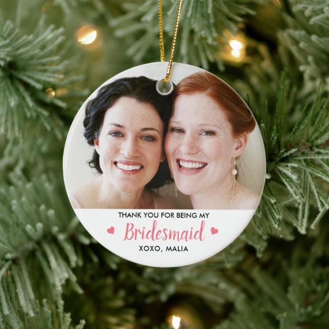 Modern Bridesmaid Photo Personalized Ceramic Ornament (Tree)