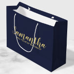 Modern Bridesmaid Proposal Large Gift Bag<br><div class="desc">Modern Bridesmaid Proposal Gift Bag features personalized bridesmaid's name in gold modern script font style on navy blue background. Also perfect for maid of honour, flower girl, groomsman, best man and ring bearer. Please Note: The foil details are simulated in the artwork. No actual foil will be used in the...</div>