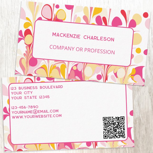 Modern Bright Abstract Marble Pattern QR Code Business Card (Modern bright marbled ink drops custom business card with QR code)
