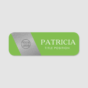 Modern Bright Apple Green And Silver Glitter: Logo Name Tag