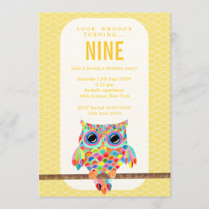 Modern Bright Birthday Party Rainbow Owl Invite