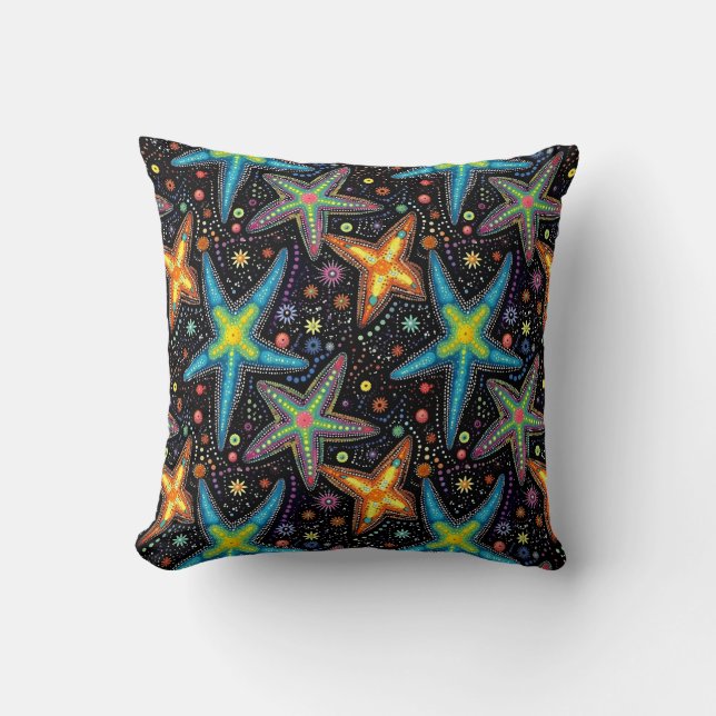 Modern bright black starfish pattern throw pillow (Front)