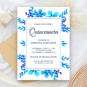Modern Bright Blue Watercolor Floral Quinceanera Invitation