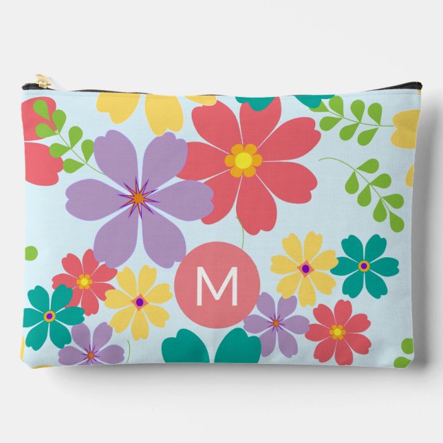 Modern Bright Cheerful Flower Pattern Monogrammed Accessory Pouch (Front)