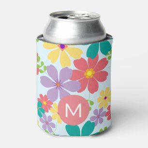 Modern Bright Cheerful Flower Pattern Monogrammed Can Cooler