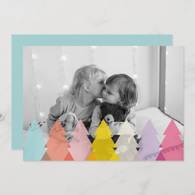 Modern Bright Christmas Trees Photo Holiday Card (Front/Back)