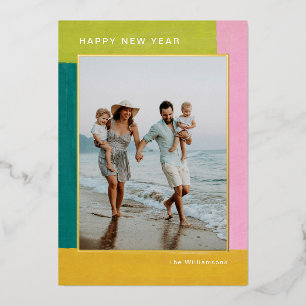 Modern Bright Colorful New Years Family Photo Gold Foil Holiday Card
