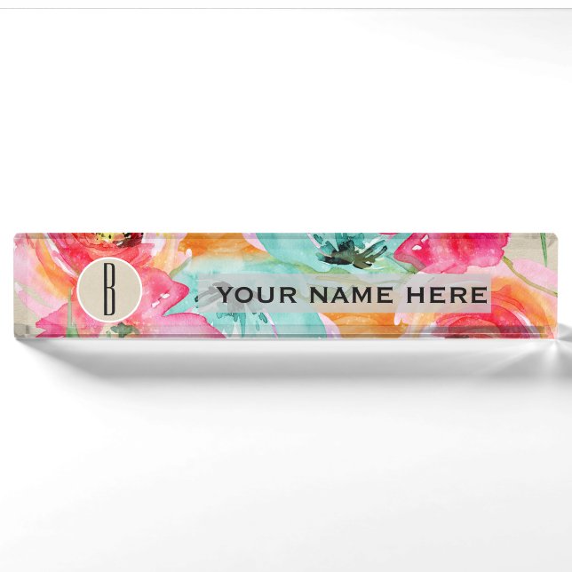 Modern Bright Colourful Floral Watercolor Kraft Nameplate (Front)