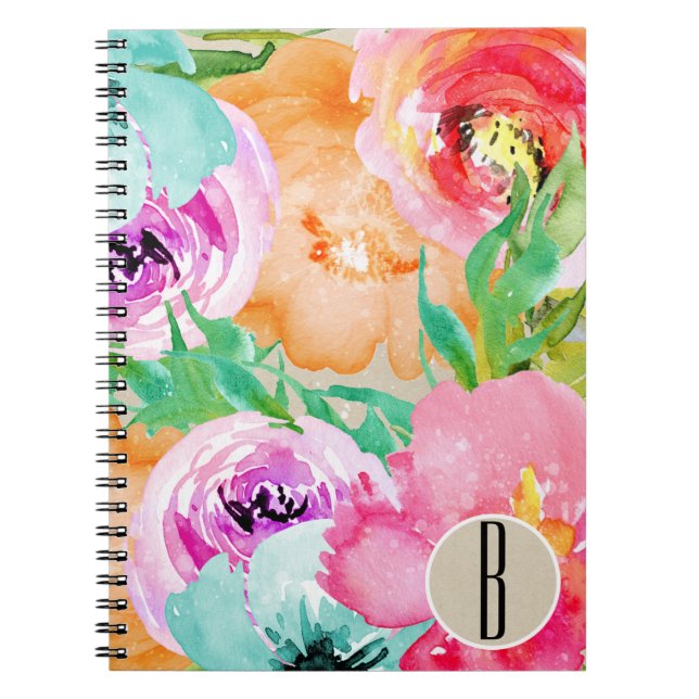 Modern Bright Colourful Floral Watercolor Kraft Notebook (Front)