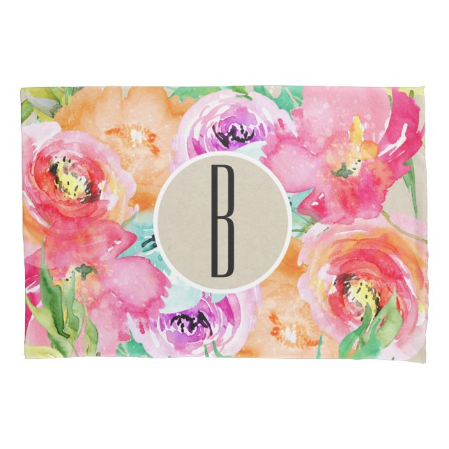 Modern Bright Colourful Floral Watercolor Kraft Pillowcase (Front)