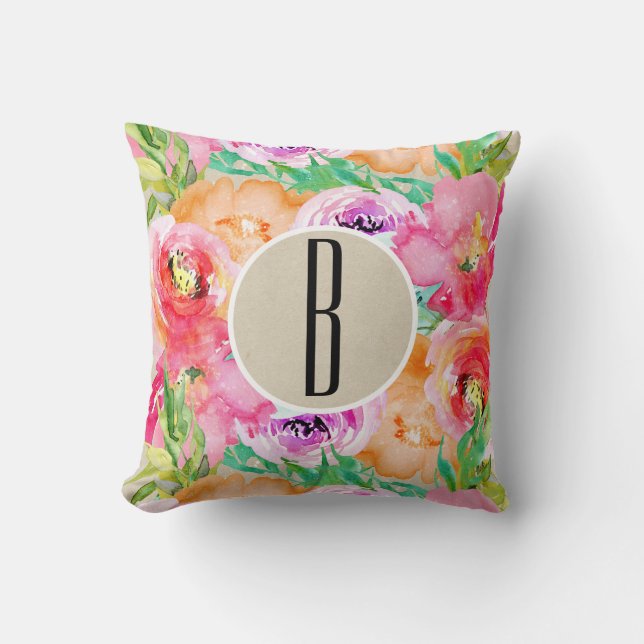 Modern Bright Colourful Floral Watercolor Kraft Throw Pillow (Front)