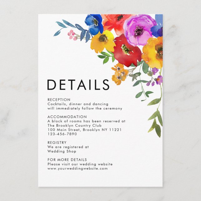 Modern Bright Colourful Flowers Wedding Details Enclosure Card (Front)