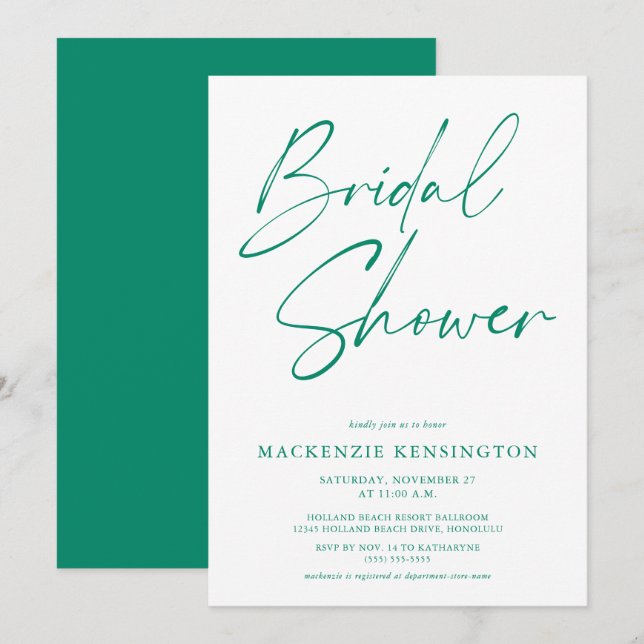 Modern Bright Emerald Green Bridal Shower Invitation (Front/Back)