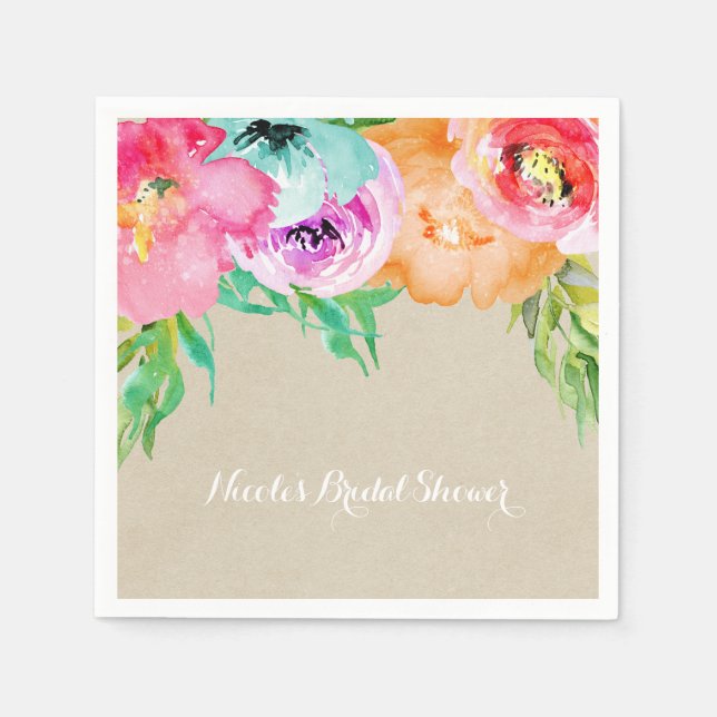 Modern Bright Floral Brown Kraft Bridal Shower Napkin (Front)