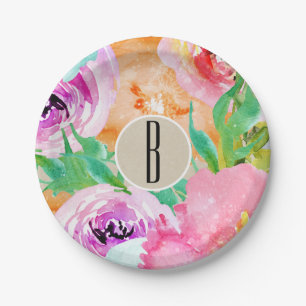 Modern Bright Floral Brown Kraft Bridal Shower Paper Plate