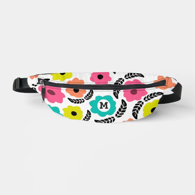 Modern Bright Flowers and Black Leaf Monogram Fanny Pack (Front)