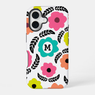 Modern Bright Flowers and Black Leaf Monogram iPhone 16 Case