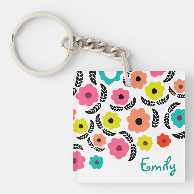 Modern Bright Flowers and Black Leaf Personalised Keychain (Front)