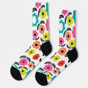 Modern Bright Flowers and Black Leaf Socks