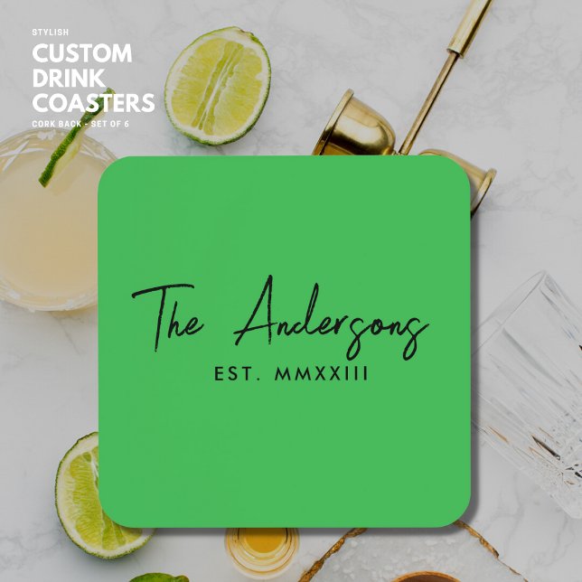 Modern Bright Green Handwritten Script Monogram Coaster (Creator Uploaded)