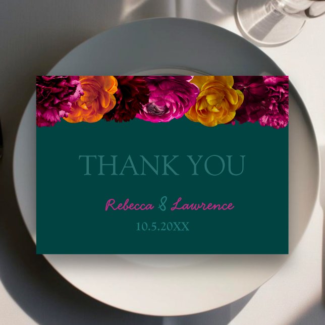 Modern bright hot pink green floral wedding  thank you card (Creator Uploaded)