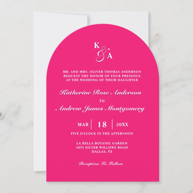 Modern Bright Hot Pink Monogram Arch Bold Wedding Invitation (Front)