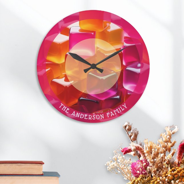 Modern Bright Jelly Cubes Pink Orange Personalized Large Clock (A personalized wall clock with bright pink and orange gummy jelly cubes design)
